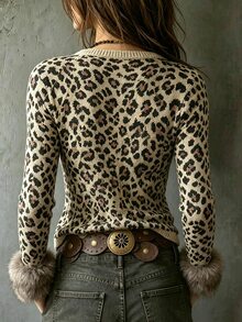 LUMIGAL Women's Leopard Print Long Sleeve Single-Breasted Knit Cardigan - Brown - View 3