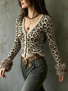 LUMIGAL Women's Leopard Print Long Sleeve Single-Breasted Knit Cardigan - Brown - View 5
