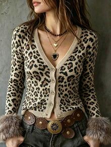 LUMIGAL Women's Leopard Print Long Sleeve Single-Breasted Knit Cardigan - Brown - View 4