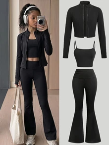 SHEIN Kids Tween Girl 3 Tween Girl Knit Black Stand Collar Zip-Up Fitted Casual Sports Outfit With Tank Top And Leggings Set, Sports Set, School Set, Set - Black - View 3