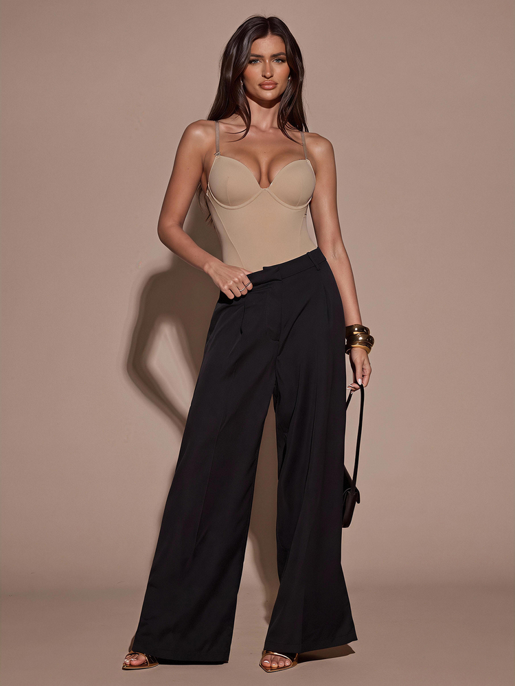 SHEIN BAE 純色緊身胸衣式細肩帶連身衣 - 杏色 - 查看 3