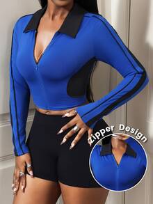 Core Rhythm Women's Colorblock Zipper Front Cropped Long Sleeve Sports Jacket - Blue - View 5