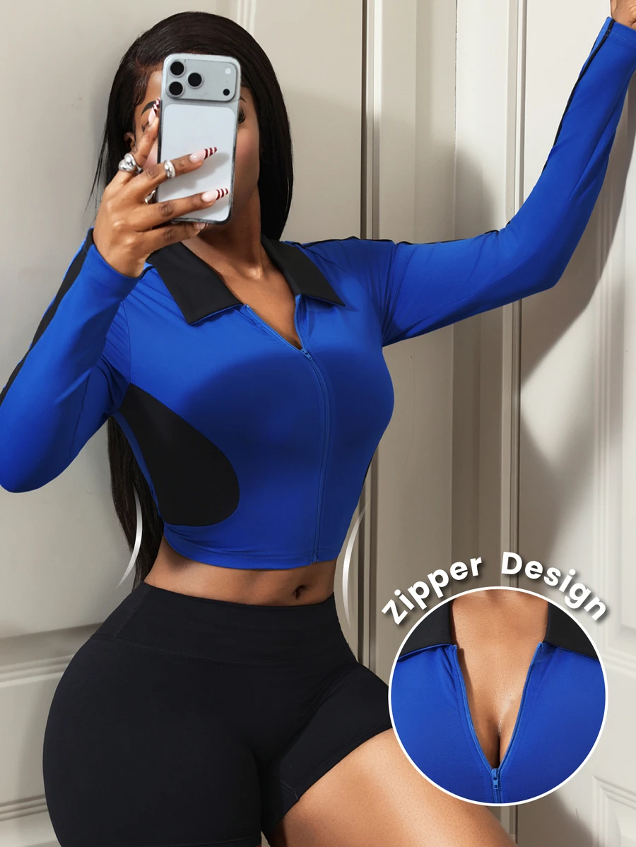 Core Rhythm Women's Colorblock Zipper Front Cropped Long Sleeve Sports Jacket - Blue - View 1