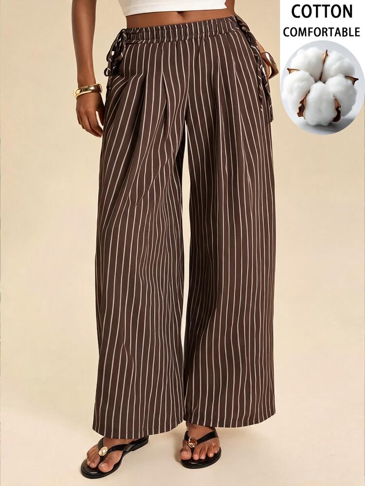 Travachic 2026 Autumn/Winter Women's Brown Striped Side Waist Tie Wide Leg Pants - Brown - View 2