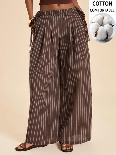 Travachic 2026 Autumn/Winter Women's Brown Striped Side Waist Tie Wide Leg Pants