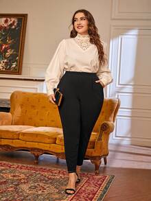 SHEIN CURVE+ Plus 22W 女款摺疊百褶斜口袋長褲 秋季 - 黑色 - 查看 3