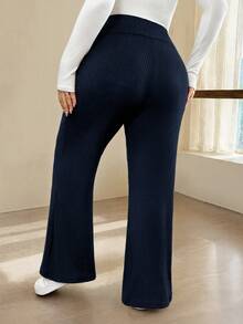 SHEIN CURVE+ بنطلون نسائي مقاس كبير بلون موحد كاجوال متعدد الاستخدامات للارتداء اليومي بقصة ساق واسعة - أزرق بحري - مشاهدة 2