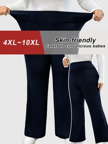 SHEIN CURVE+ بنطلون نسائي مقاس كبير بلون موحد كاجوال متعدد الاستخدامات للارتداء اليومي بقصة ساق واسعة - أزرق بحري - مشاهدة 1