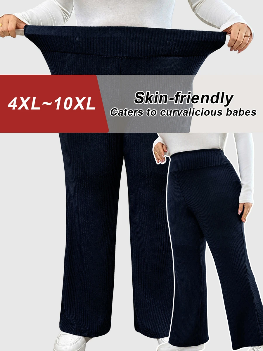 SHEIN CURVE+ بنطلون نسائي مقاس كبير بلون موحد كاجوال متعدد الاستخدامات للارتداء اليومي بقصة ساق واسعة - أزرق بحري - مشاهدة 1
