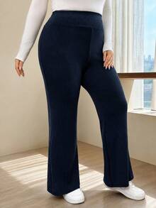 SHEIN CURVE+ بنطلون نسائي مقاس كبير بلون موحد كاجوال متعدد الاستخدامات للارتداء اليومي بقصة ساق واسعة - أزرق بحري - مشاهدة 3