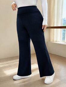 SHEIN CURVE+ بنطلون نسائي مقاس كبير بلون موحد كاجوال متعدد الاستخدامات للارتداء اليومي بقصة ساق واسعة - أزرق بحري - مشاهدة 9