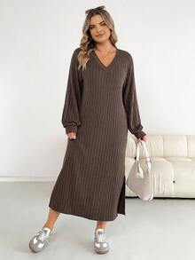 SHEIN CURVE+ Plus Size Versatile Retro Long Sleeve Side Slit Dress Fall - Brown - View 4