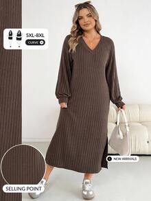 SHEIN CURVE+ Plus Size Versatile Retro Long Sleeve Side Slit Dress Fall - Brown - View 8