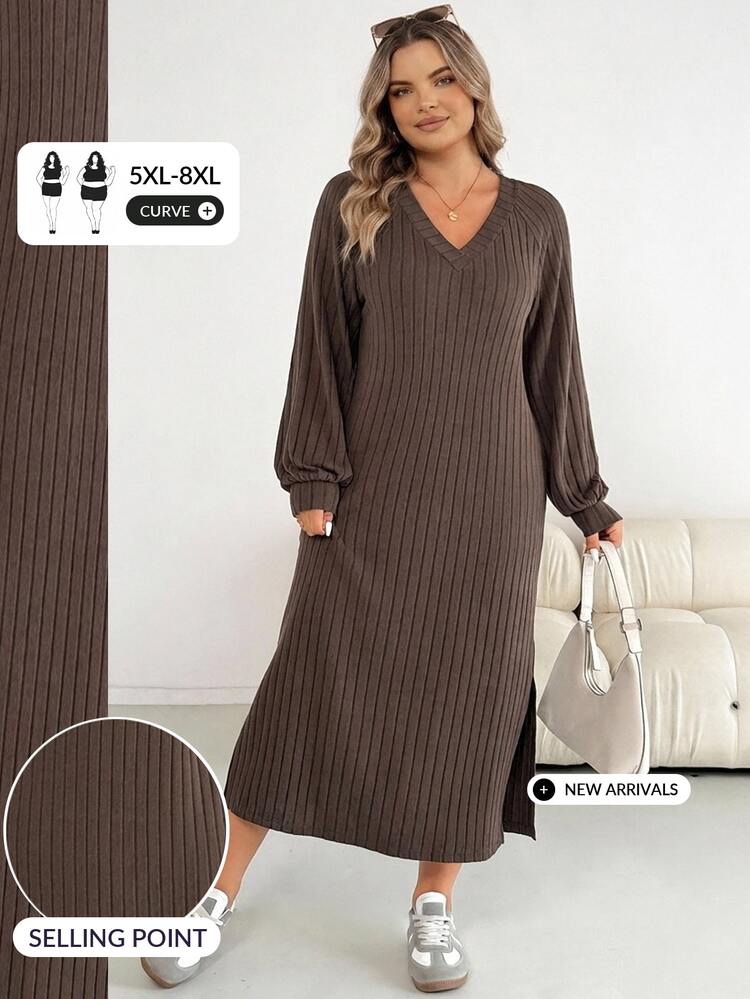 SHEIN CURVE+ Plus Size Versatile Retro Long Sleeve Side Slit Dress Fall - Brown - View 8