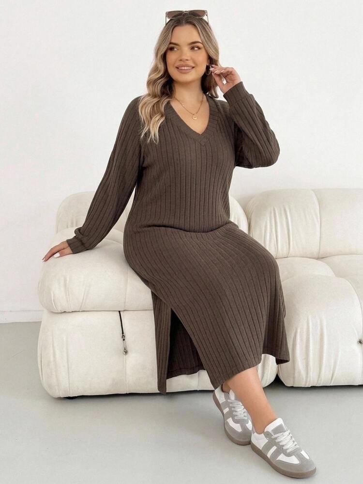 SHEIN CURVE+ Plus Size Versatile Retro Long Sleeve Side Slit Dress Fall - Brown - View 3