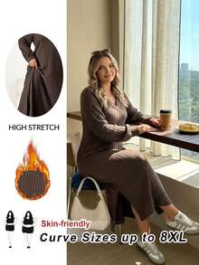 SHEIN CURVE+ Plus Size Versatile Retro Long Sleeve Side Slit Dress Fall - Brown - View 1