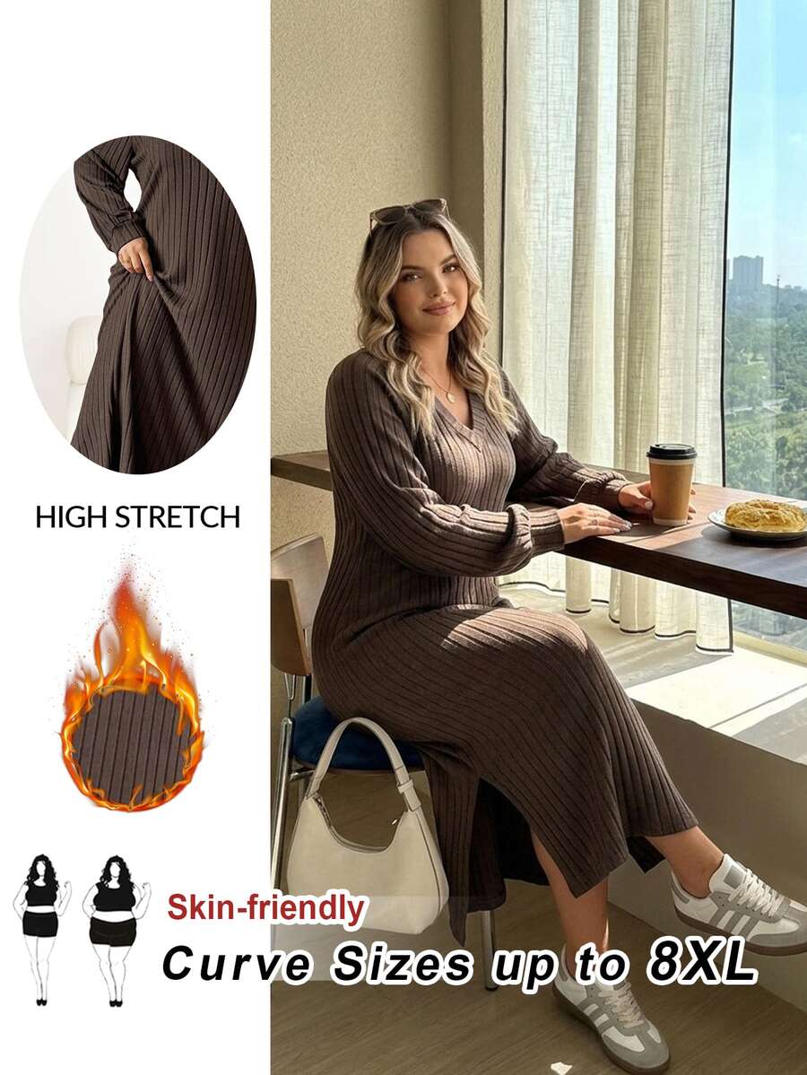 SHEIN CURVE+ Plus Size Versatile Retro Long Sleeve Side Slit Dress Fall - Brown - View 1