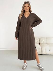 SHEIN CURVE+ Plus Size Versatile Retro Long Sleeve Side Slit Dress Fall - Brown - View 5