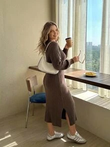 SHEIN CURVE+ Plus Size Versatile Retro Long Sleeve Side Slit Dress Fall - Brown - View 2