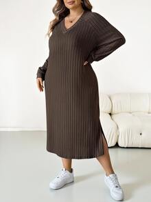 SHEIN CURVE+ Plus Size Versatile Retro Long Sleeve Side Slit Dress Fall - Brown - View 7