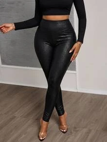 SHEIN CURVE+ 大尺碼動物印花高腰緊身內搭褲 - 黑色 - 查看 6