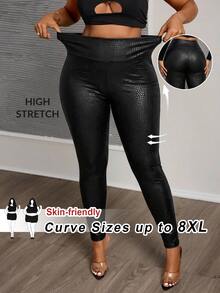 SHEIN CURVE+ 大尺碼動物印花高腰緊身內搭褲 - 黑色 - 查看 1