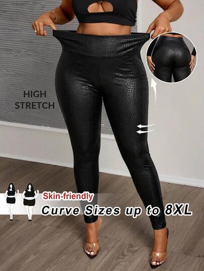 SHEIN CURVE+ Leggings ajustados de cintura alta con estampado animal para talla grande, Navidad