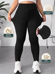 SHEIN CURVE+ Plus Solid Wideband Waist Leggings - Black - View 4