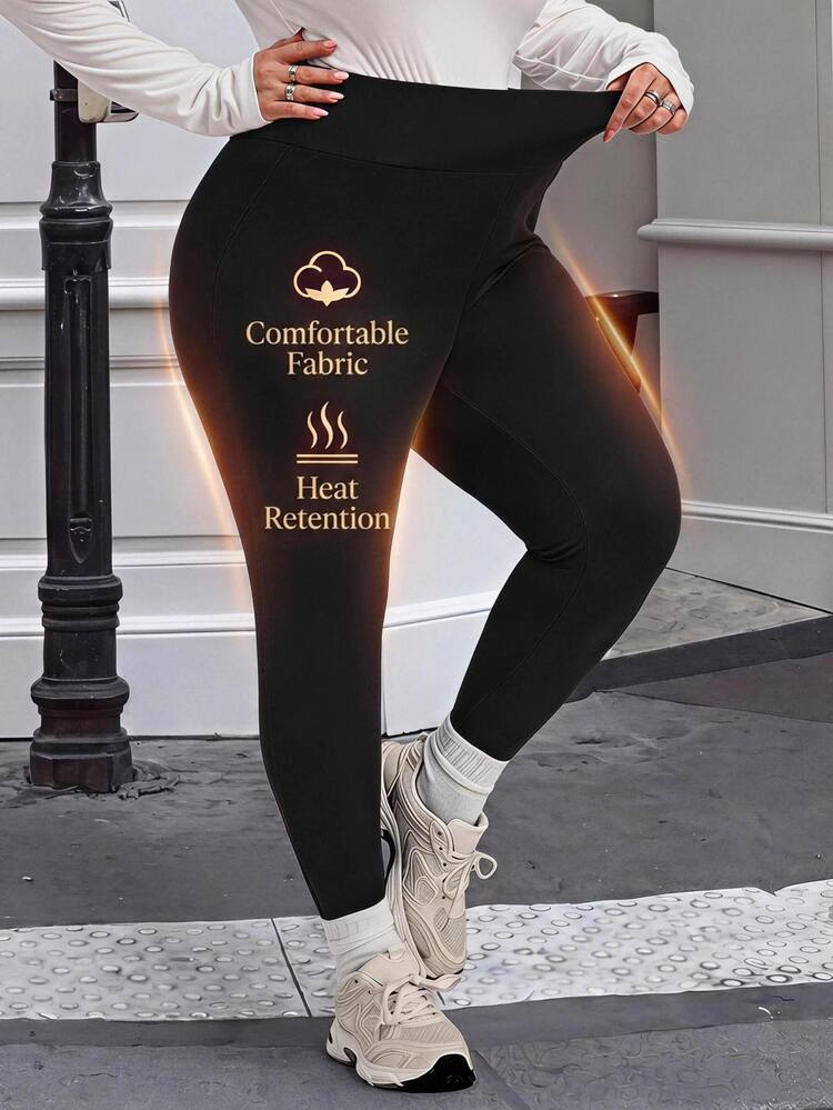 SHEIN CURVE+ Plus Solid Wideband Waist Leggings - Black - View 8