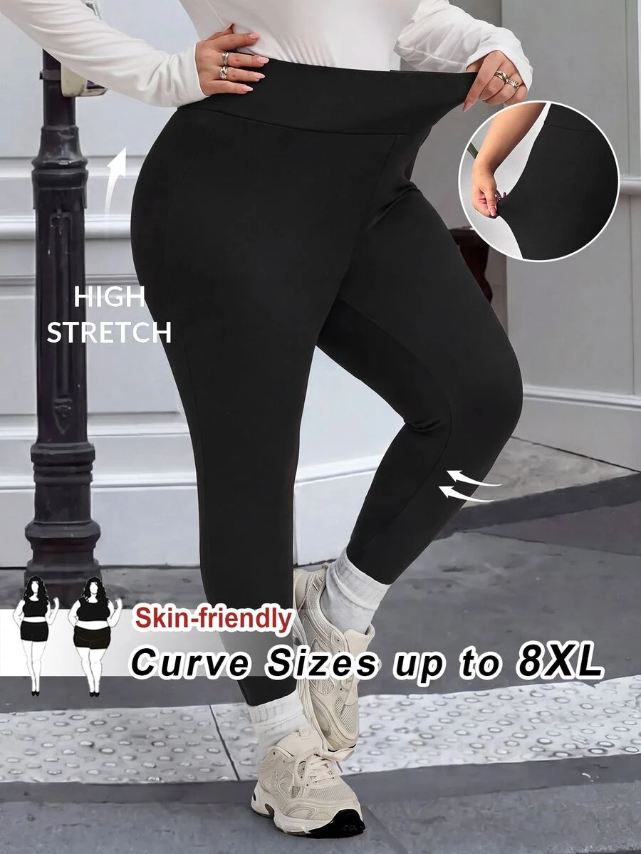 SHEIN CURVE+ Plus Solid Wideband Waist Leggings - Black - View 1