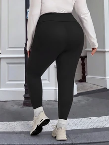SHEIN CURVE+ Plus Solid Wideband Waist Leggings - Black - View 3