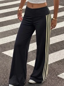 SHEIN CURVE+ Plus Size Women's Casual Loose Long Pants With Side Stripes Fall - Black - View 6