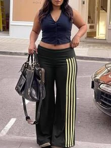 SHEIN CURVE+ Plus Size Women's Casual Loose Long Pants With Side Stripes Fall - Black - View 8