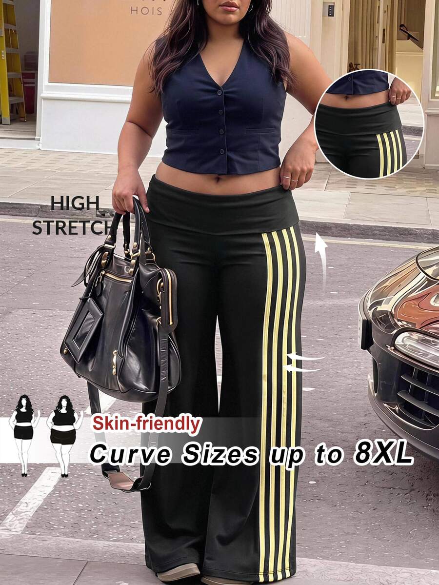SHEIN CURVE+ Plus Size Women's Casual Loose Long Pants With Side Stripes Fall - Black - View 1