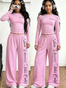 SHEIN 女童休閒運動風修身長袖T恤與鬆緊腰寬腿寬鬆長褲2件套，秋季上衣套裝，學生校園風，粉色 - 粉色 - 查看 13