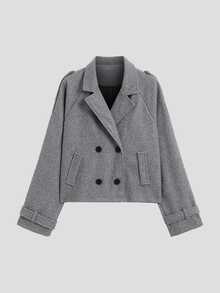 Sweetra French Fashion Elegant Casual Grey Tone Lapel Double-Breasted Design Fall Long Sleeve Minimalist Versatile Commuter Office All-Match Women's Jacket - Grey - View 1