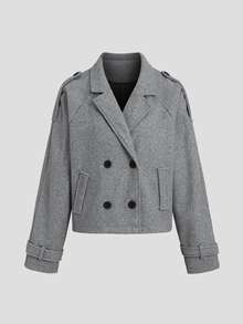 Sweetra French Fashion Elegant Casual Grey Tone Lapel Double-Breasted Design Fall Long Sleeve Minimalist Versatile Commuter Office All-Match Women's Jacket - Grey - View 3