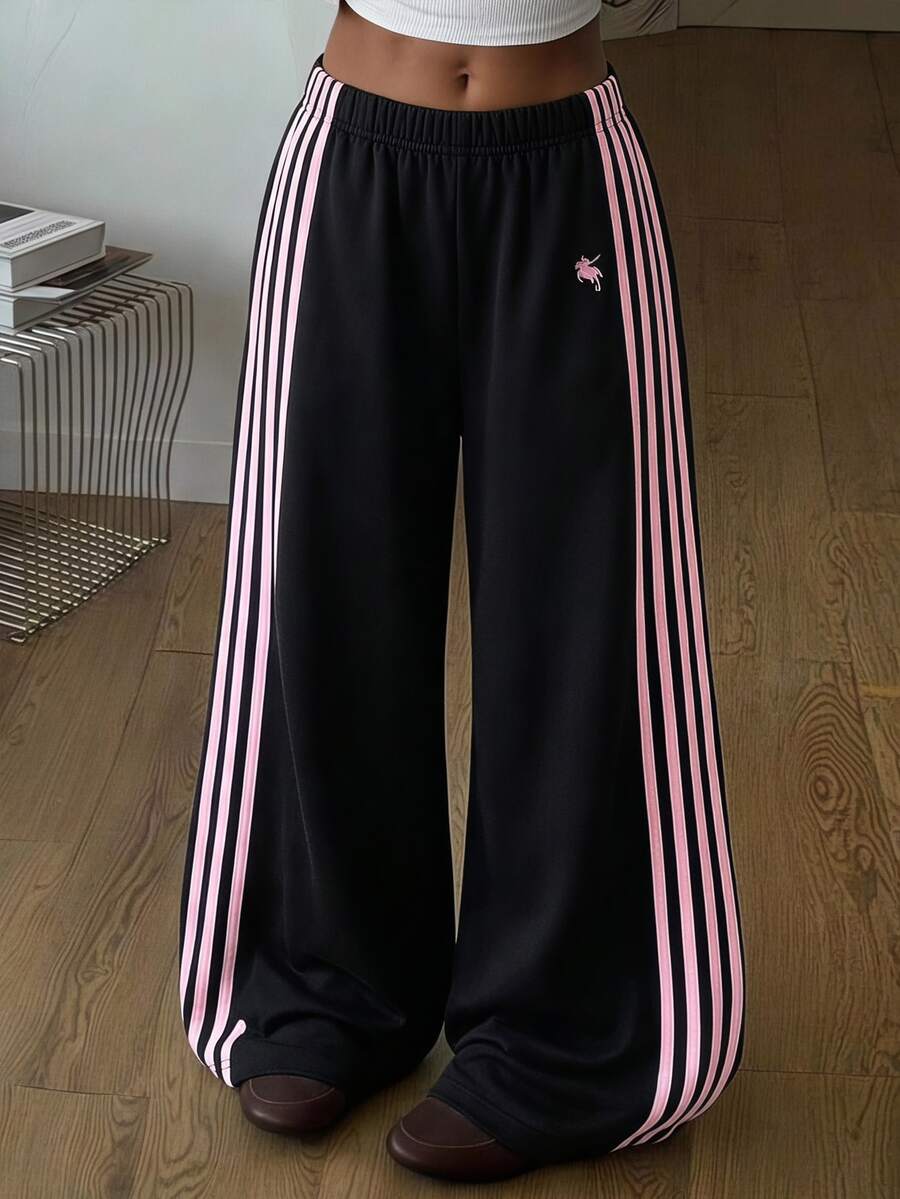 SHEIN Kids Tween Girl Casual Horse Logo Contrast Color Webbing Sporty Loose Long Pants College Style Streetwear - Black - View 1
