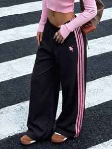 SHEIN Kids Tween Girl Casual Horse Logo Contrast Color Webbing Sporty Loose Long Pants College Style Streetwear - Black - View 12