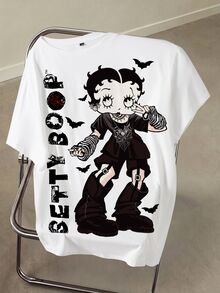 Betty Boop x SHEIN 大尺碼女款字母與蝙蝠印花圓領短袖休閒T恤 - 白色 - 查看 1
