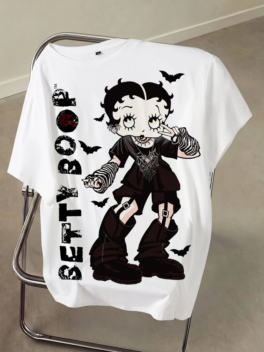 Betty Boop x SHEIN 大尺碼女款字母與蝙蝠印花圓領短袖休閒T恤 - 白色 - 查看 1