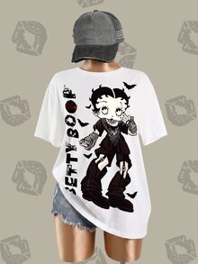Betty Boop x SHEIN 大尺碼女款字母與蝙蝠印花圓領短袖休閒T恤 - 白色 - 查看 4