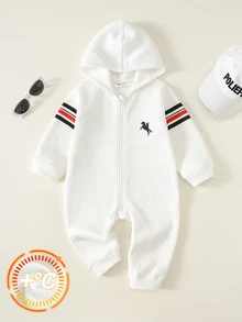 SHEIN Baby Boy Autumn/Winter Thermal Lined Thickened Knight Print Zip-Up Hooded Jumpsuit - White - View 3
