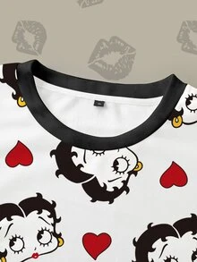Betty Boop x SHEIN 大尺碼卡通滿版印花圓領運動衫 - 白色 - 查看 3