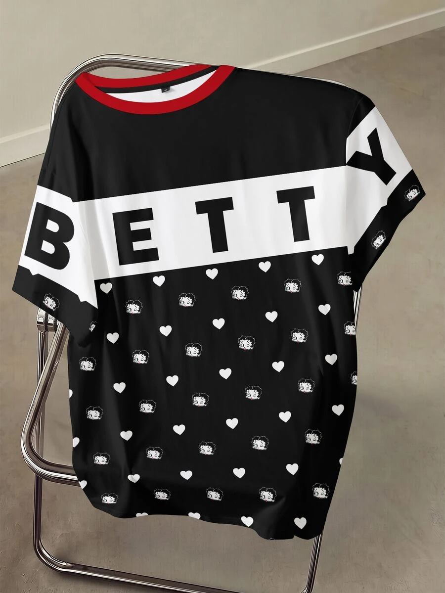 Betty Boop x SHEIN 大尺碼女款字母印花休閒日常穿著T恤 - 白色 - 查看 1