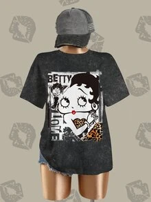 Betty Boop x SHEIN 女款卡通印花圓領短袖時尚T恤 - 白色 - 查看 4