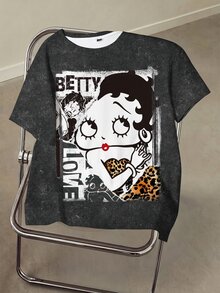 Betty Boop x SHEIN 女款卡通印花圓領短袖時尚T恤 - 白色 - 查看 1