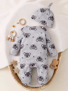 Newborn Baby Koala Print Sleep Jumpsuit & Hat - Light Grey - View 3