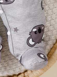 Newborn Baby Koala Print Sleep Jumpsuit & Hat - Light Grey - View 7
