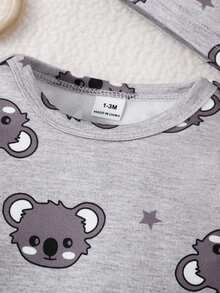 Newborn Baby Koala Print Sleep Jumpsuit & Hat - Light Grey - View 5